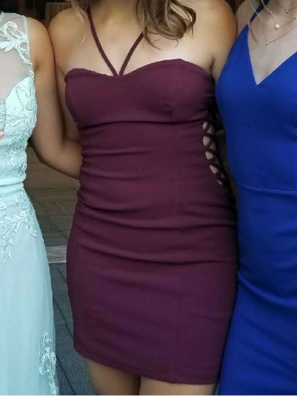 Strapless Burgundy Bodycon Mini Dress with Lattice Side Detail